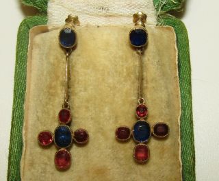 UNUSUAL,  ANTIQUE VICTORIAN 18 CT GOLD EARRINGS WITH FINE BLUE SAPPHIRE & RUBIES 2
