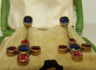 UNUSUAL,  ANTIQUE VICTORIAN 18 CT GOLD EARRINGS WITH FINE BLUE SAPPHIRE & RUBIES 3