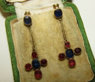 UNUSUAL,  ANTIQUE VICTORIAN 18 CT GOLD EARRINGS WITH FINE BLUE SAPPHIRE & RUBIES 4