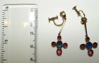 UNUSUAL,  ANTIQUE VICTORIAN 18 CT GOLD EARRINGS WITH FINE BLUE SAPPHIRE & RUBIES 5