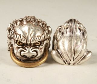 2 Unique Chinese Tibetan Silver Hand Carving Lion Frog Ring Auspicious Gift Y