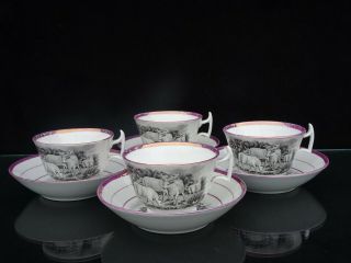 4 Circa 1840 Sunderland Pink Lustre Soft Paste Cups & Saucers W/ Sheep Scenes
