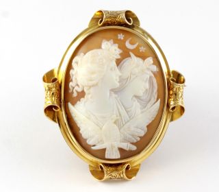 Antique Victorian 15ct Gold Brooch With Cameo Of Day & Night C 1860 