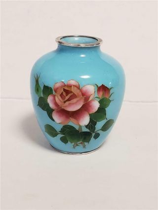 Vintage Japanese Small Cloisonne Enamel Vase With Single Rose Silver Rim 3 1/2 "