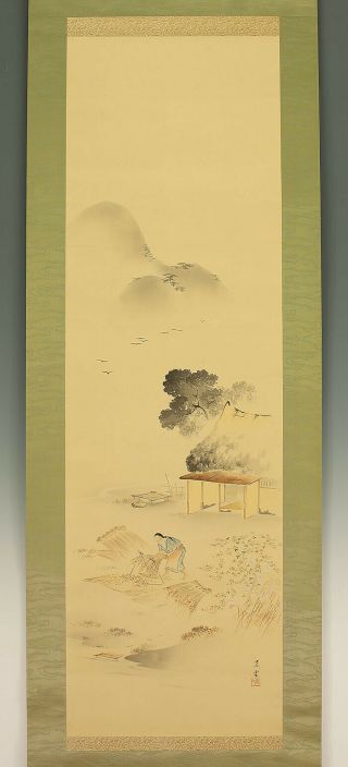 掛軸1967 Japanese Hanging Scroll : Keiun " Threshing Scenery " @b512