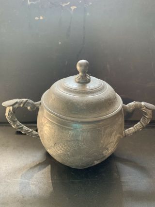 Stylish Antique Chinese Kut Hing Pewter Swatow Sugar Bowl C.  1890