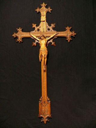 XXL 35 INCH RARE ANTIQUE LARGE HAND CARVED WOOD WALL CRUCIFIX CROSS CORPUS 1790 2