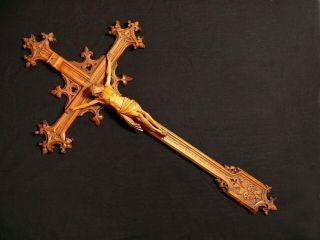 XXL 35 INCH RARE ANTIQUE LARGE HAND CARVED WOOD WALL CRUCIFIX CROSS CORPUS 1790 4