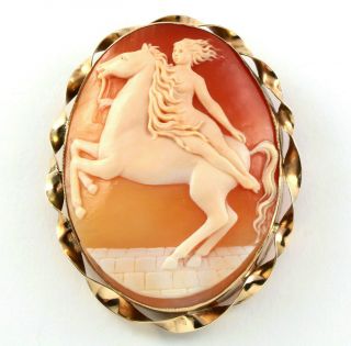 Large Antique 9ct Gold Carved Cameo Brooch Of Lady Godiva On Horse C 1920 