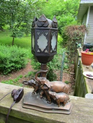 Lamp Light Antique Deco Nouveau Metal Glass Figurine Statue Elephant Animal Old