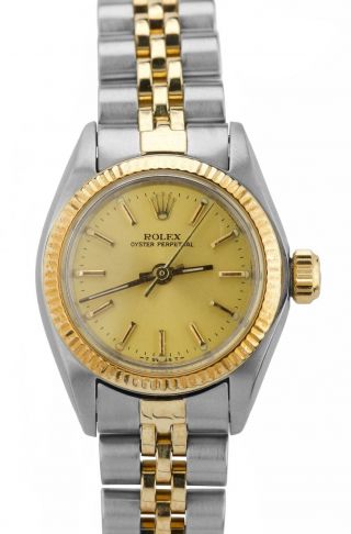 Ladies Rolex Oyster Perpetual 24mm Champagne 6719 18k Two - Tone Jubilee Watch