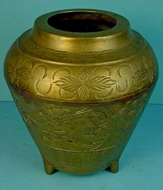 Vintage Chinese Brass ‘dragon & Phoenix Bird” Open Censer Incense Burner