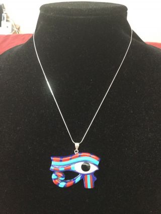 Ancient Egyptian Sterling Silver,  Lapis,  Coral Huge Eye Of Horus Pendant,  Necklace