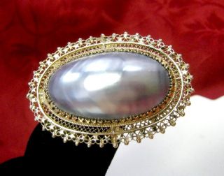 Antique Large Blue Mabe Blister Oval Pearl Brooch In 14k Yellow Gold Pendant Pin