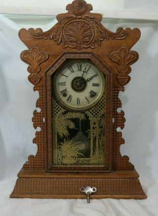 Antique E.  Ingraham Co.  Gingerbread Mantle Clock,  1898,  Chimes W/key