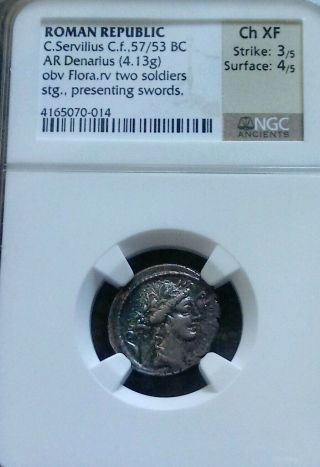 Roman Republic C.  Servilius Denarius Ngc Choice Xf 3/4 Ancient Silver Coin