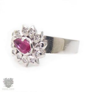 Vintage 18k white gold platinum natural ruby & diamond ring estate 1950 ' s 3