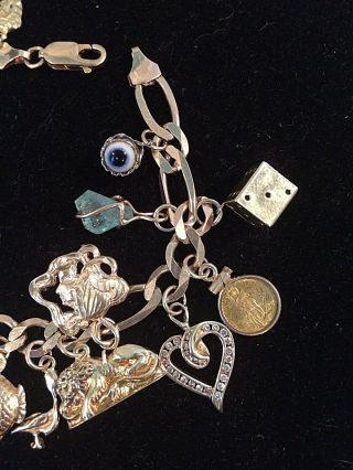 Vintage Italian 14K Gold Bracelet w 20 Gold Charms Mini $20 Coin & Gems 43.  6 gm 2