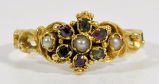 Antique Georgian 18ct Gold Emerald,  Almandine Garnet & Pearl Memorial Ring