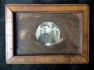 Antique Wwi Soldier Photo Hair Lock Art Picture Mourning Memento Mori Miniature