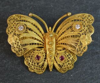 Stunning 18ct Gold Ruby And Diamond Filigree Butterfly Brooch D1901