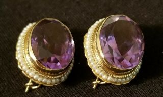 Antique 14k Yellow Gold Amethyst And Natural Seed Pearl Earrings -