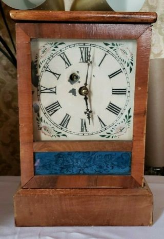 Antique Waterbury Mantel Clock W/ Pendulum Running No Key Eye Catching Blue Trim