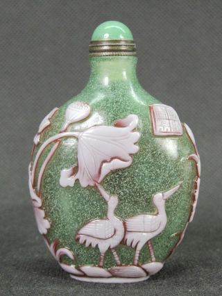 Chinese Crane Carved Peking Overlay Glass Snuff Bottle