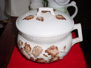 Antique Vintage Faience Chamber Pot W/lid Very Rare Raised Autumn Leaf Fr.  Ship.