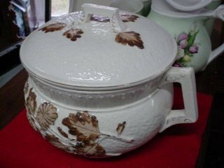 ANTIQUE VINTAGE FAIENCE CHAMBER POT W/LID VERY RARE RAISED AUTUMN LEAF FR.  SHIP. 2