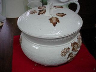 ANTIQUE VINTAGE FAIENCE CHAMBER POT W/LID VERY RARE RAISED AUTUMN LEAF FR.  SHIP. 3