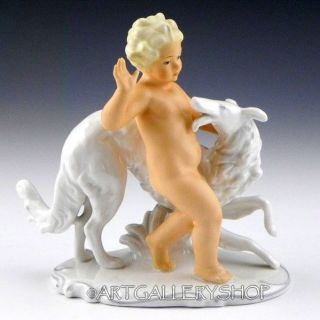 Vintage Schaubach Kunst Porcelain Figurine 1035 Nude Cherub Boy With Borzoi Dog