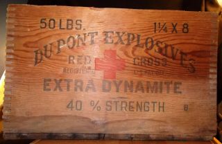 Vintage Wood Wooden Crate Box Dupont Explosives Red Cross Dovetail