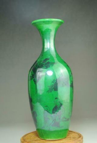 China Old Green Glaze Porcelain Hand - Painted Child Vase /qianlong Mark Ab02b