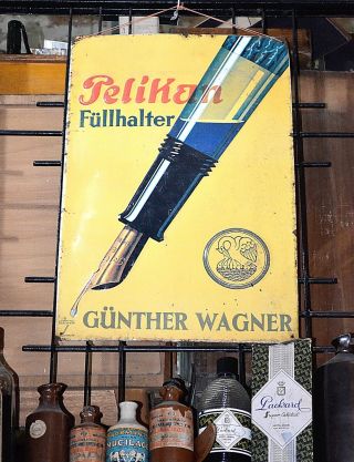 Antique Pelikan Advertising Sign In Metal Tin,  Germany (r.  X2734 Cm)