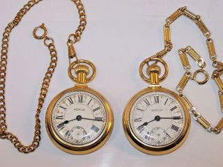 2 Vintage Westclox Locomotive Roman Numeral Dial Pocket Watches With Chains
