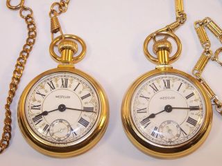 2 Vintage Westclox Locomotive Roman Numeral Dial Pocket Watches with Chains 2