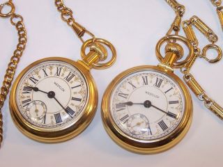 2 Vintage Westclox Locomotive Roman Numeral Dial Pocket Watches with Chains 3