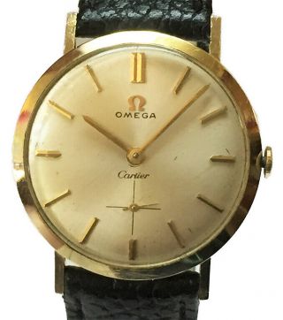 Rare Vintage Omega By Cartier Solid 14k Yellow Gold Watch On Strap