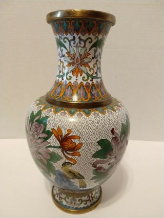 Vintage Chinese Cloisonne Vase Floral Pattern With A Bird 10 "