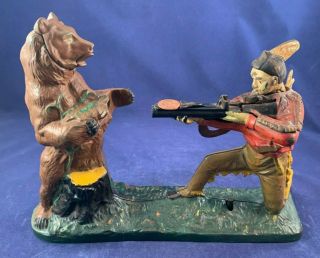 Antique Vintage Cast Iron Mechanical Bank - RARE Indian Shooting Bear 11