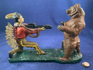 Antique Vintage Cast Iron Mechanical Bank - Rare Indian Shooting Bear