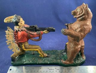 Antique Vintage Cast Iron Mechanical Bank - RARE Indian Shooting Bear 2
