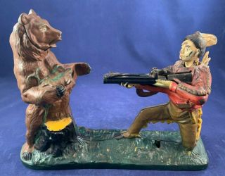 Antique Vintage Cast Iron Mechanical Bank - RARE Indian Shooting Bear 4