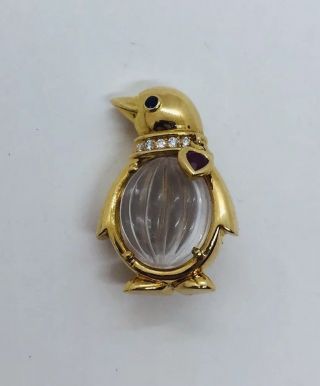 Boucheron French 18k Yellow Gold Rock Crystal Diamond Penguin Pin Pendant