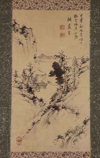 Japanese Hanging Scroll Art Painting Sansui Landscape Asian Antique E8003