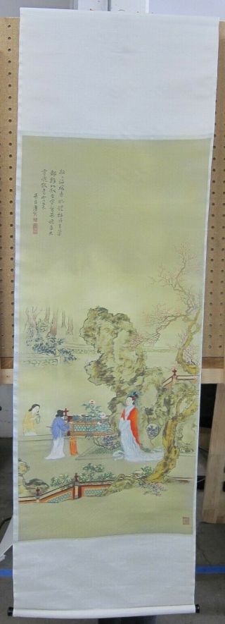 Maidens In Misty Landscape Hand Painted Chinese Woven Silk Scroll Modern 16x55