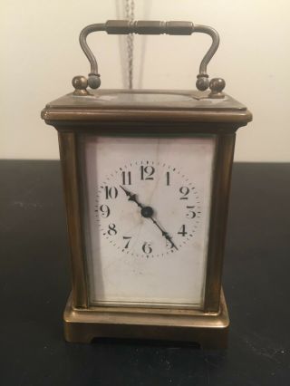 Antique French Style Brass & Glass Carriage Clock With Enamel Face