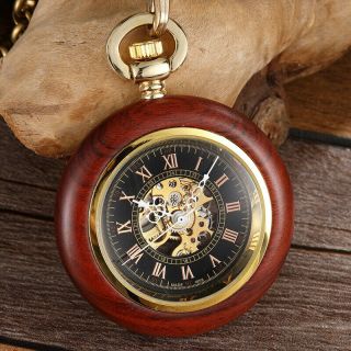 Vintage Antique Wooden Pocket Watch For Men Mechanical Chain Steampunk Skeleton