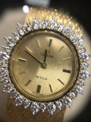 Vintage Omega 18k Solid Yellow Gold Watch With Diamonds In Bezel